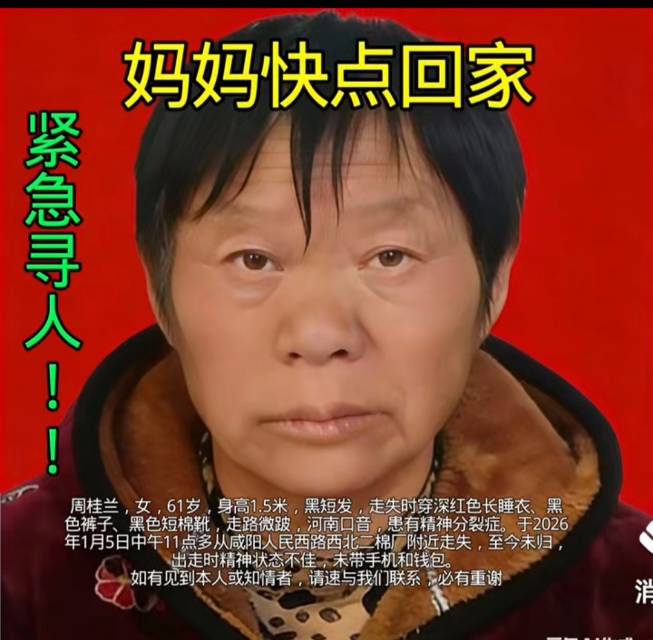 走失者照片 紧急寻人!河南妈妈来咸阳走亲戚,走...